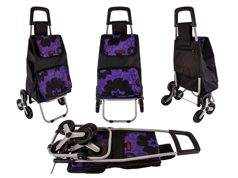 6960/W Purple & Black Flowers 6 Wheel Stair Climber Shopping Tro